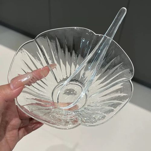 日式玻璃碗带勺子透明耐高温花瓣沙拉冰淇淋燕窝甜品碗茶具绿茶碗