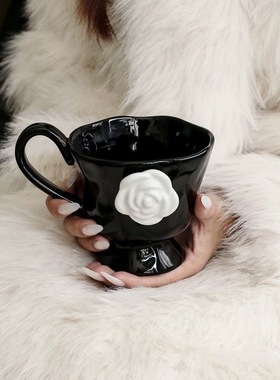 山茶花高颜值浮雕法式家用创意早餐牛奶杯陶瓷水杯子咖啡杯马克杯