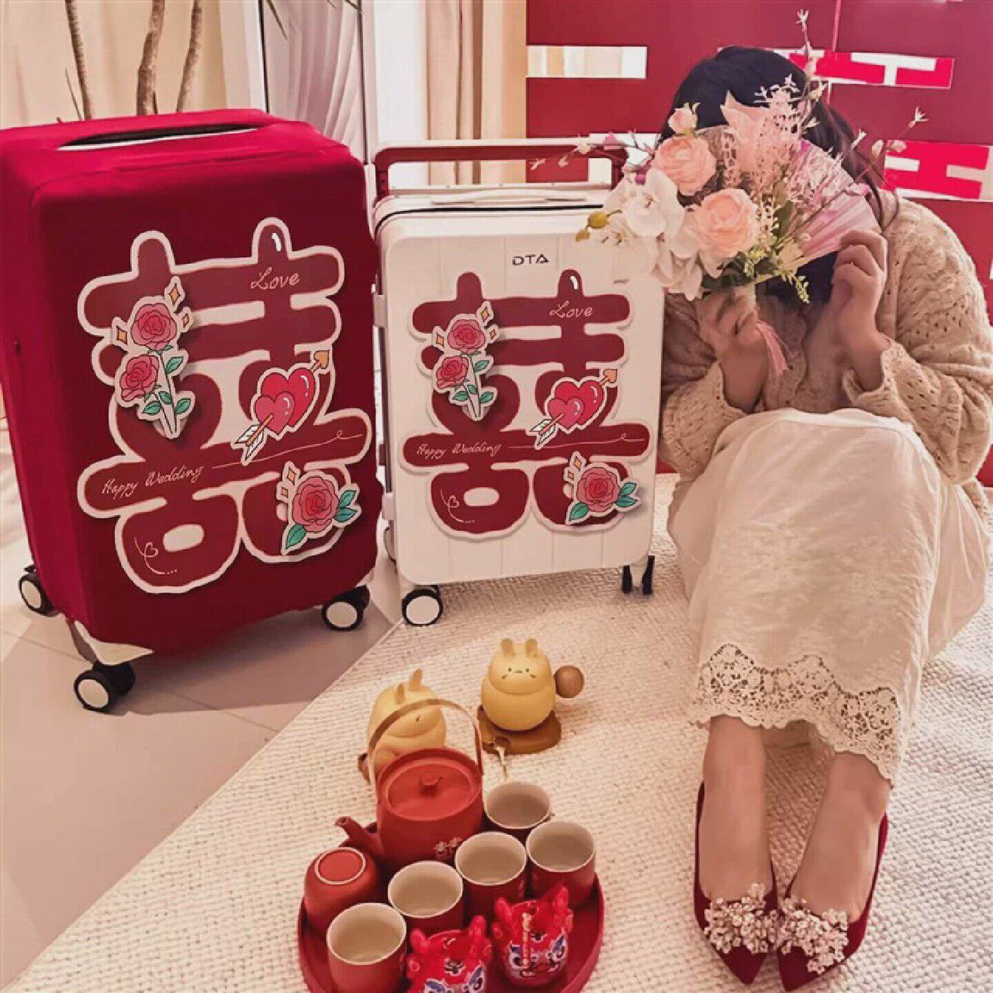 行李箱罩结婚红色保护套喜字贴纸寸陪嫁宽拉杆皮箱外罩箱套装饰
