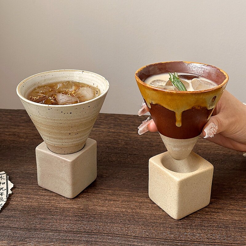 复古粗陶咖啡杯侘寂陶瓷马克杯小众设计感冷萃杯创意拉花拿铁杯子