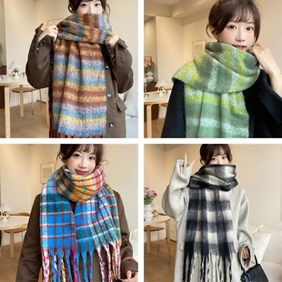 2025秋冬格子围巾高级感女士保暖新款复古仿羊绒流苏女士围脖披肩