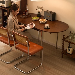 复中古风三折叠餐桌实木可伸缩家用小户型长方椭圆不锈钢吃饭桌子