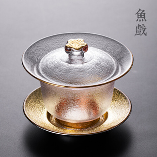 梅花锤纹加厚玻璃三才盖碗茶复古泡茶碗茶杯家用单个功夫 高档日式