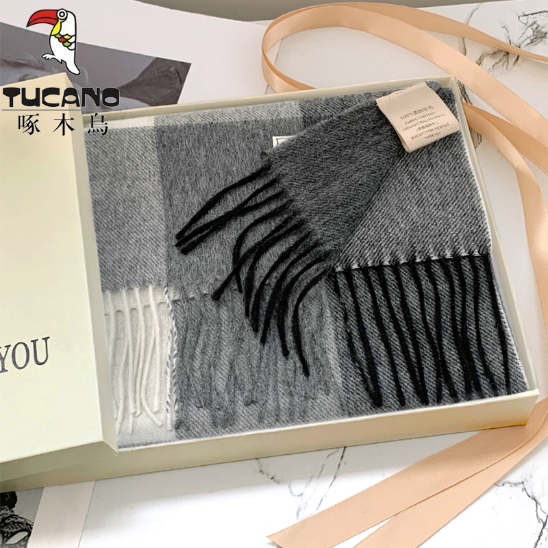 啄木鸟高档澳洲100%羊毛围巾女格子冬季英伦礼盒装情侣款生日礼物