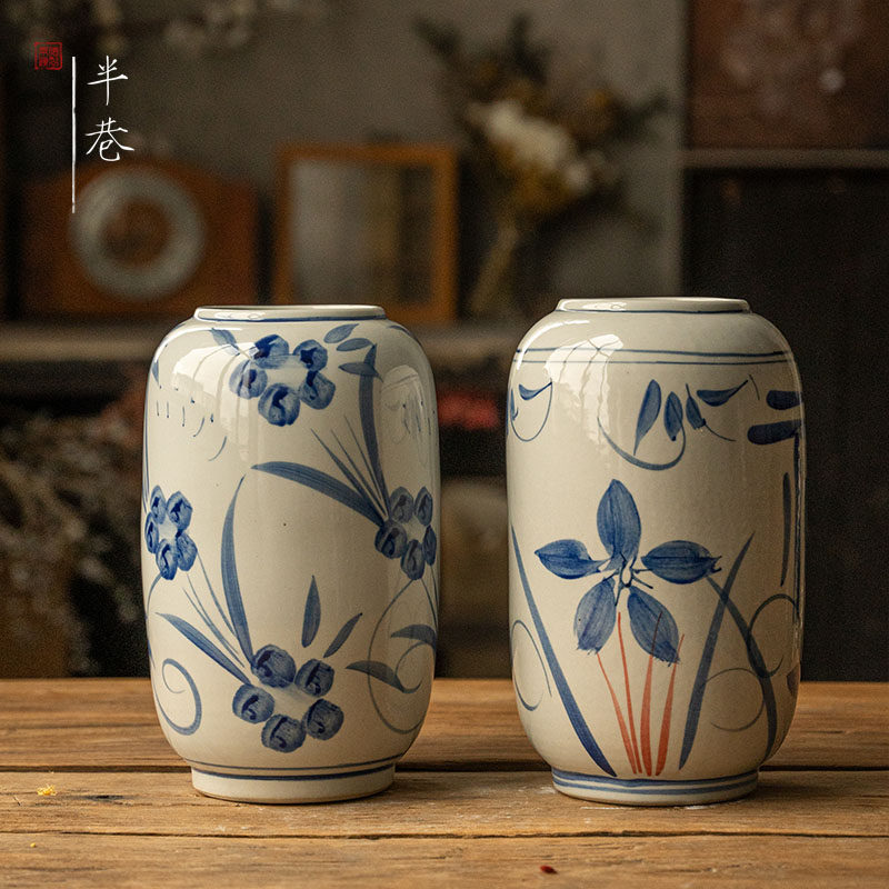 花瓶景德镇新中式手绘陶瓷摆件客厅插花复古水培插花富贵竹摆件