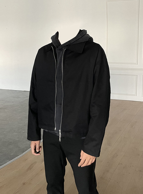 休闲外套翻领cleanfit美式净版简约高街阔版黑色高级感拉链夹克