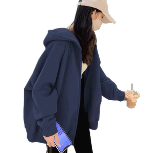 蓝色连帽卫衣宽松加绒拉链开衫外套女冬新款大码女装显瘦休闲上衣