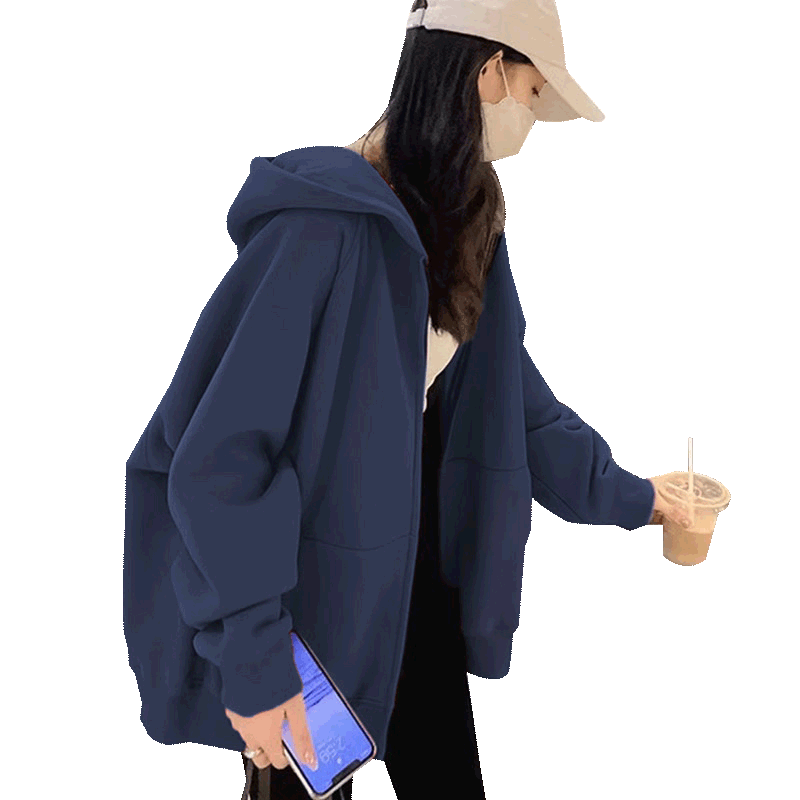 蓝色连帽卫衣加绒外套女冬新款