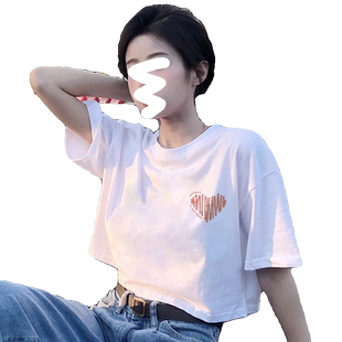 夏季短款白色t恤休闲女纯棉显瘦高腰韩版宽松正肩潮牌甜辣小上衣