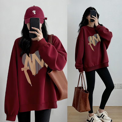 红色加绒卫衣女款2025新款无帽