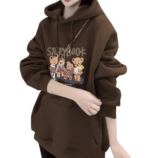 加绒卫衣女秋冬款宽松银狐绒连帽美拉德穿搭大码女装休闲咖色上衣