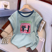 短袖 条纹美式 t恤女2026新款 爆款 设计感显瘦上衣女 夏季 大码 小飞袖