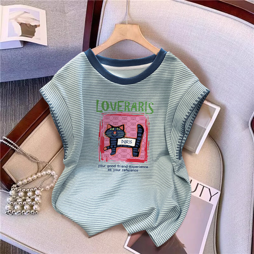 绿色条纹美式短袖设计感上衣