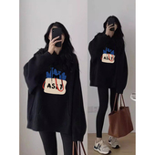 加绒卫衣女款 秋冬黑色上衣女 连帽宽松慵懒风胖mm大码 2026新款 帽衫