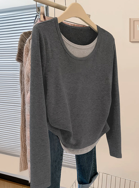 秋季女装灰色假两件长袖t恤女新款胖mm大码设计感修身收腰上衣女