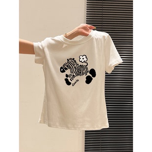 短袖t恤女2026新款正肩圆领印花韩版慵懒松弛感白色上衣夏日女装