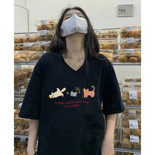 大码胖mm巨显瘦v领短袖
