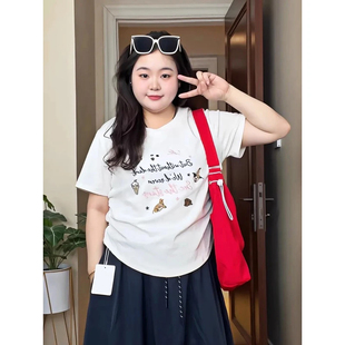纯棉短袖 胖mm显瘦夏 t恤女2025新款 刺绣收腰褶皱超火减龄上衣大码