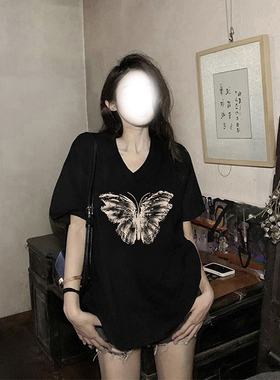 夏季胖mm大码女装宽松美式复古黑色短袖t恤女2026新款v领纯棉上衣