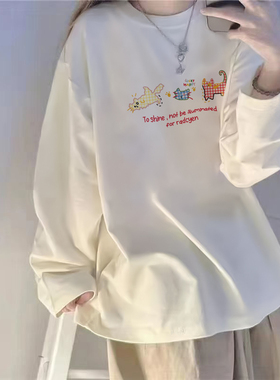白色长袖t恤女2026新款大码女装显瘦宽松卡通印花打底衫秋季上衣