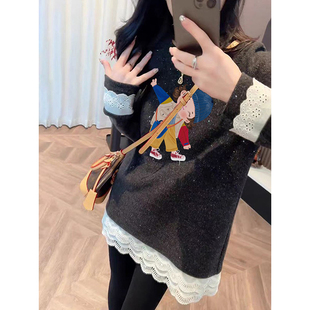 德绒打底衫女内搭加绒蕾丝假两件高级感可外穿中长款上衣女遮屁股