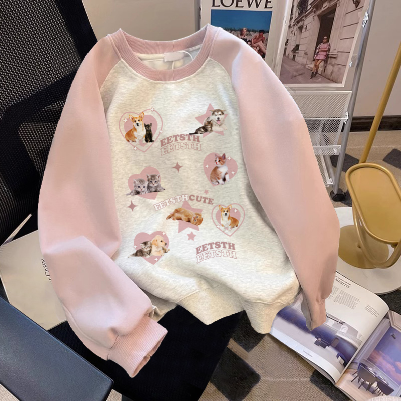 粉色插肩袖卫衣女秋冬款加绒加厚