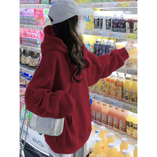 酒红色蛇年新春卫衣女秋冬款加绒