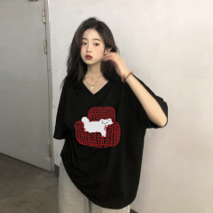 正肩短袖t恤女2025新款爆款纯棉宽松显瘦v领黑色上衣大码女装夏季