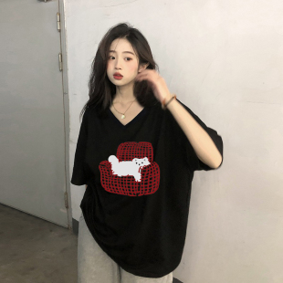 t恤女2025新款 纯棉宽松显瘦v领黑色上衣大码 正肩短袖 爆款 女装 夏季