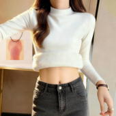 德绒半高领白色打底衫 保暖内搭上衣冬 女装 女加绒加厚修身 显瘦大码