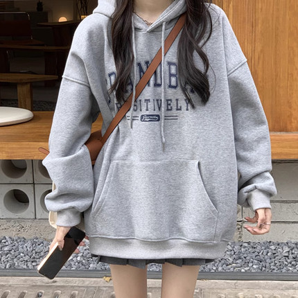 灰色加绒卫衣女冬季连帽宽松加绒美式复古大码慵懒风套头显瘦上衣