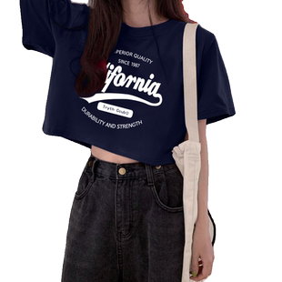 美式复古正肩女t恤宽松潮牌短袖女夏季2026新款大码辣妹短款上衣