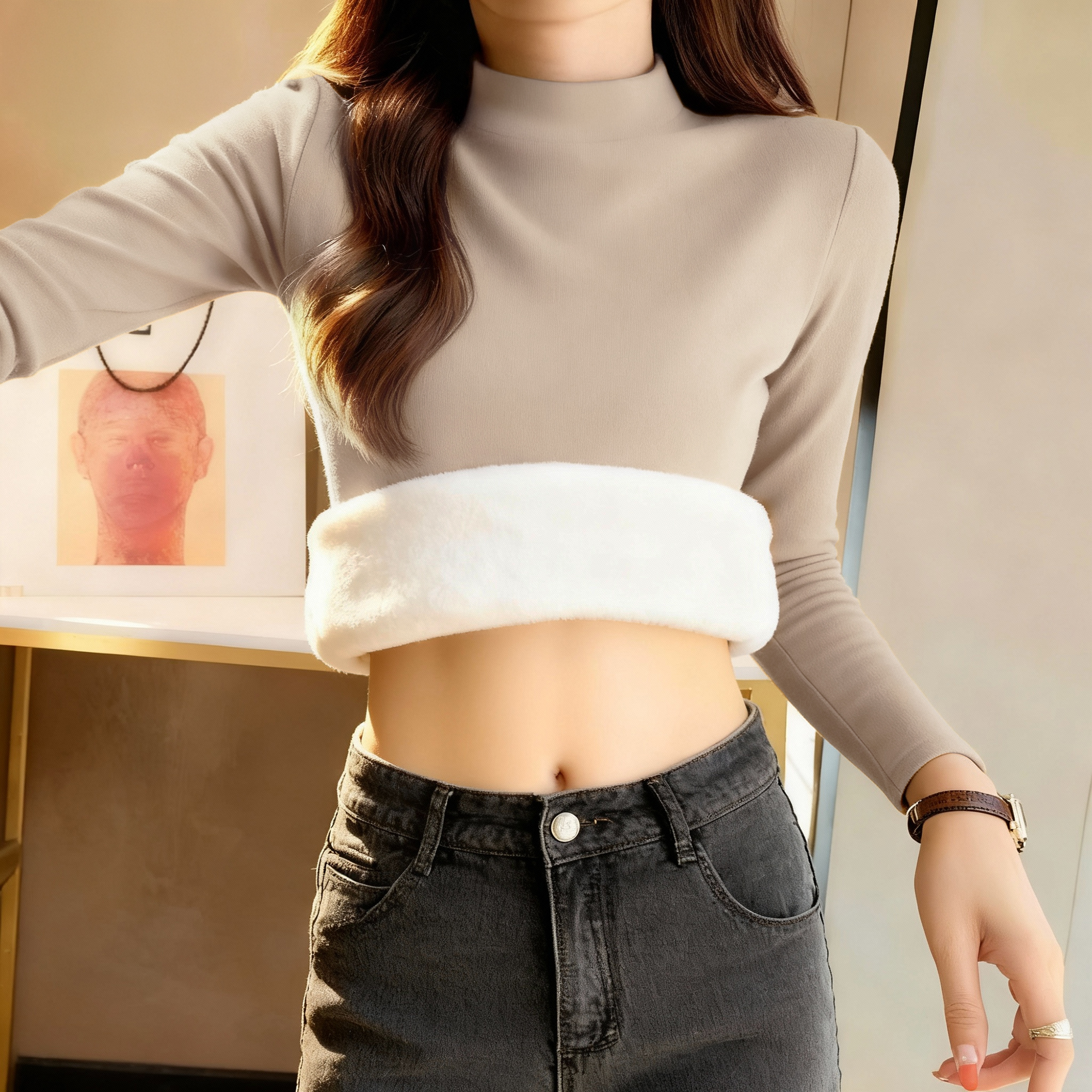 德绒半高领白色打底衫女加绒加厚