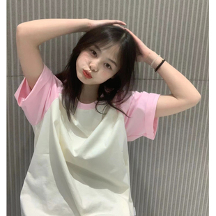 胖mm显瘦潮 短袖 t恤女夏季 插肩袖 粉色拼接纯棉宽松设计感上衣大码