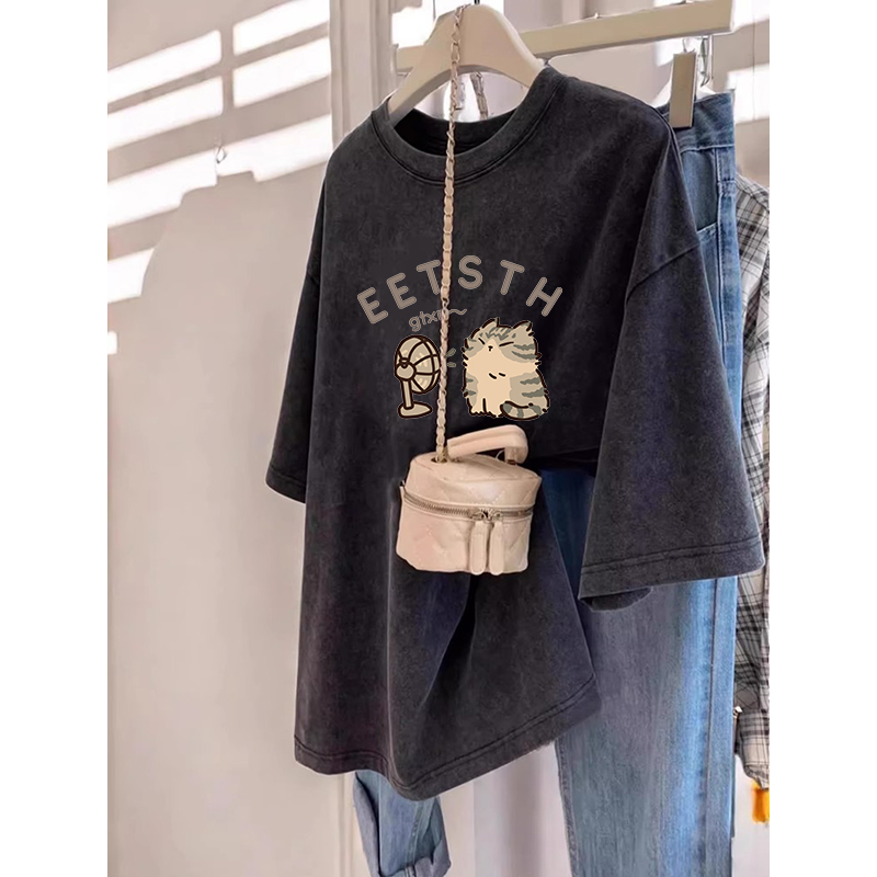 深灰色正肩短袖t恤女宽松慵懒水洗做旧上衣大码胖mm显瘦夏季衣服