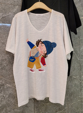 夏季女装竹节棉宽松纯棉白色短袖t恤女2026新款v领大码显瘦上衣女