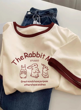 短袖t恤女2026新款夏季纯棉宽松圆领撞色设计感上衣大码胖mm显瘦