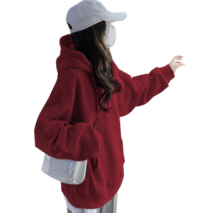 酒红色新春卫衣女秋冬款连帽加绒宽松大码女装上衣蛇年本命年衣服