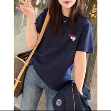 正肩短袖女t恤夏2025新款胖mm大码女装圆领显瘦修身藏蓝色上衣女