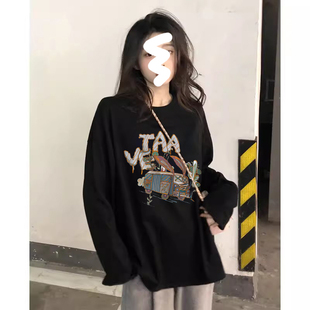 t恤女纯棉休闲宽松显瘦上衣女 打底衫 2023新款 女秋冬黑色大码 长袖