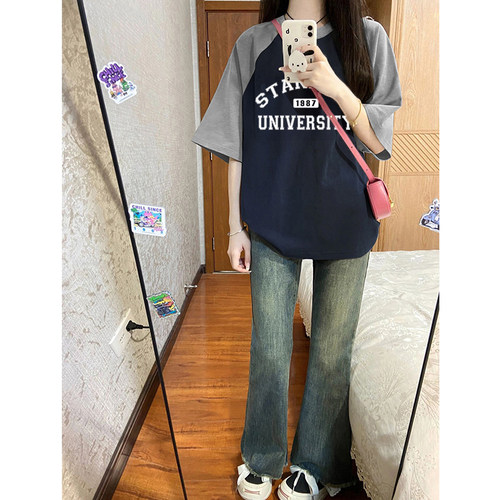 美式复古t恤插肩短袖女夏季新款