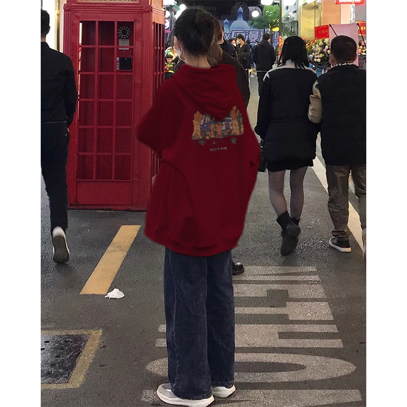 红色连帽卫衣女款加绒加厚秋冬