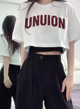 美式短袖t恤女夏季正肩纯棉宽松大码辣妹穿搭纯欲白色短款上衣潮