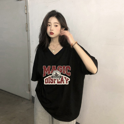 v领t恤女大版黑色短袖胖mm显瘦