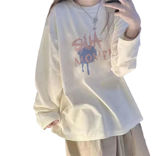 长袖白色t恤女纯棉内搭加绒打底衫oversize圆领韩版宽松上衣女潮