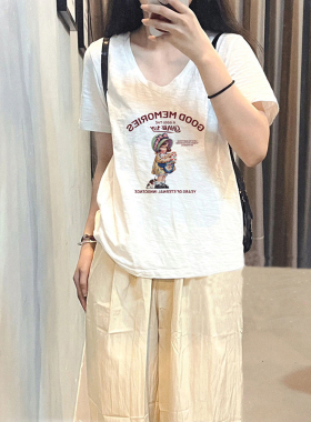 夏季美式白色纯棉短袖t恤女新款大码女装v领显瘦竹节棉宽松上衣潮