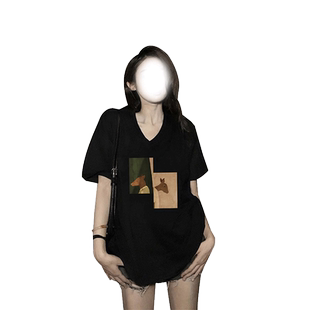 美式短袖潮牌t恤女设计感小众大码女装2026新款春款v领宽松上衣女