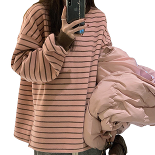 粉色条纹卫衣女oversize潮牌宽松圆领大码长袖港味复古chic上衣秋