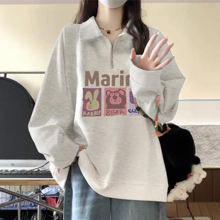 爆款 2025新款 大码 美式 灰色半拉链polo领长袖 女款 女装 上衣 卫衣秋装