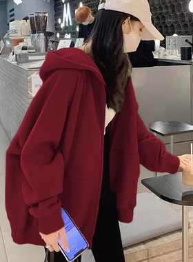 山东即墨酒红色加绒卫衣宽松连帽拉链开衫外套女秋冬款大码上衣潮